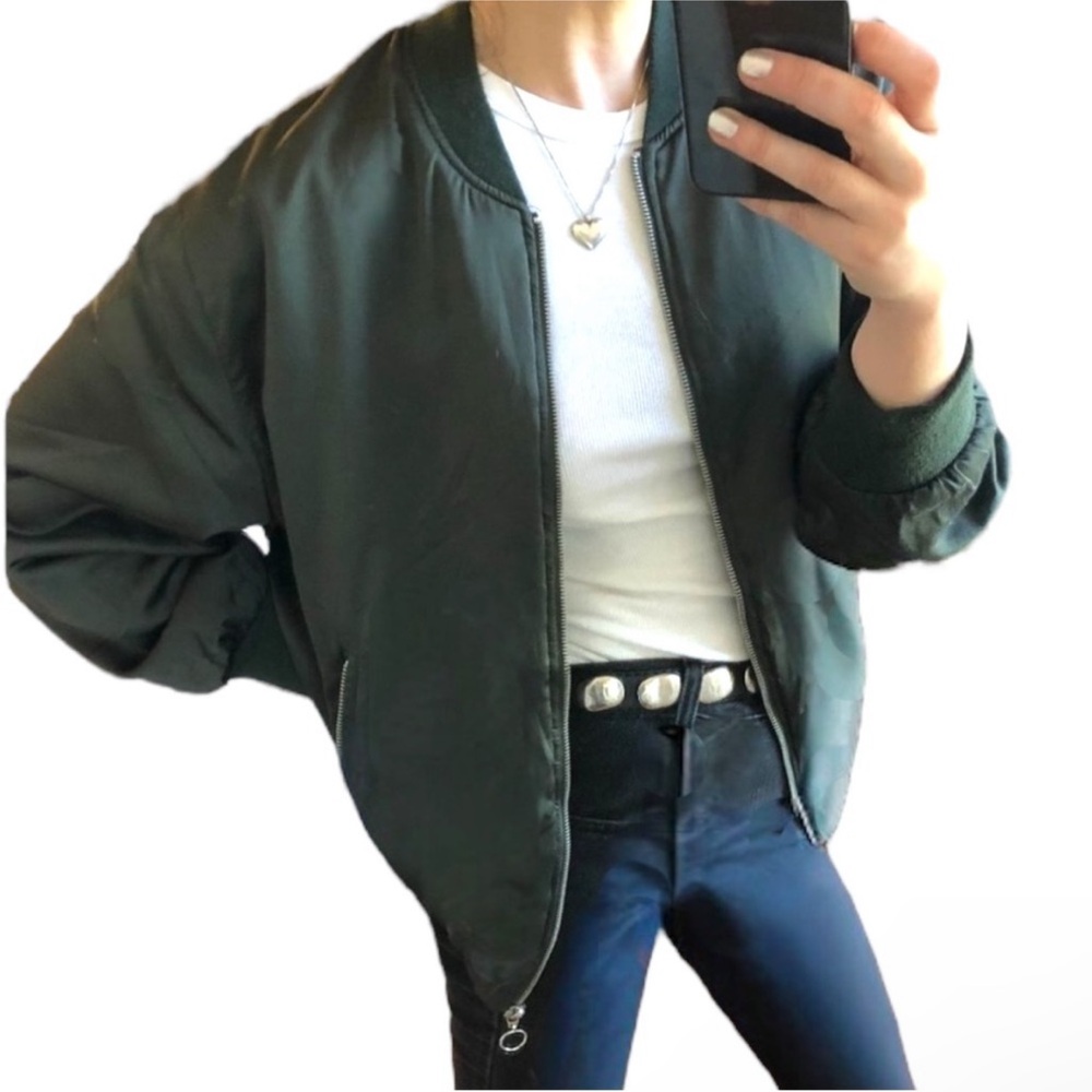 ZARA COLLECTION Green Silky Relaxed O-Ring Zipper Bomber Jacket Small |fits XS-M - Picture 15 of 16